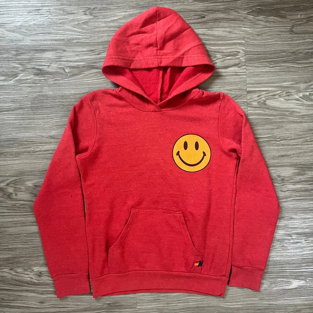 Aviator Nation Kids Red Smiley Face Hoodie Sweatshirt Size 10 California Made